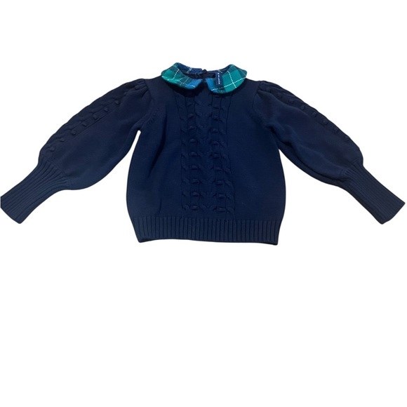 Janie and Jack Blue Cable Knit Teal Tartan Collar Sweater SZ 3 - Picture 6 of 13
